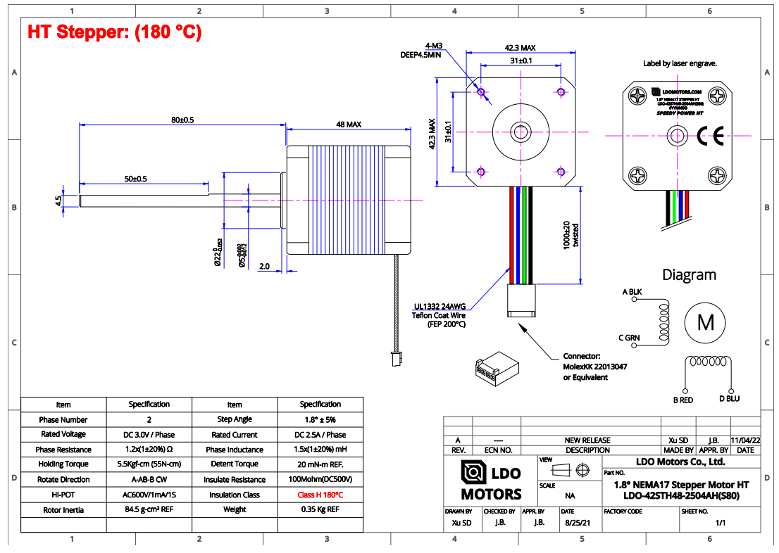 LDO NEMA 17 MOTOR HIGH TEMP LDO-42STH48-2504AH(S80) "MagnumBoi"